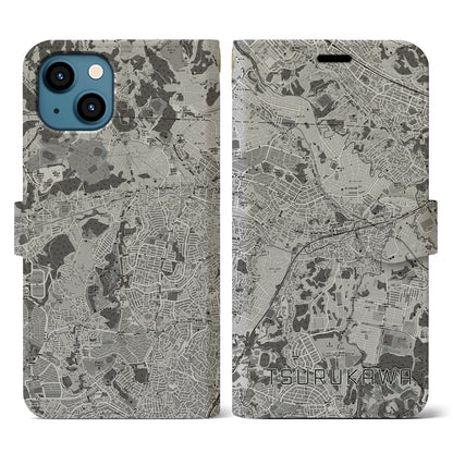 【鶴川（東京都）】地図柄iPhoneケース（手帳タイプ）モノトーン・iPhone 13 用