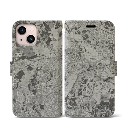 【鶴川（東京都）】地図柄iPhoneケース（手帳タイプ）モノトーン・iPhone 13 mini 用