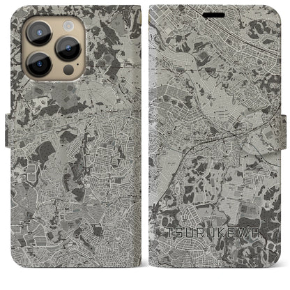 【鶴川（東京都）】地図柄iPhoneケース（手帳タイプ）モノトーン・iPhone 14 Pro Max 用