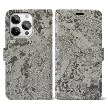 【鶴川（東京都）】地図柄iPhoneケース（手帳タイプ）モノトーン・iPhone 14 Pro 用