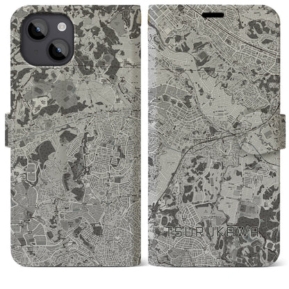 【鶴川（東京都）】地図柄iPhoneケース（手帳タイプ）モノトーン・iPhone 14 Plus 用