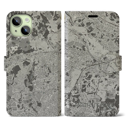 【鶴川（東京都）】地図柄iPhoneケース（手帳タイプ）モノトーン・iPhone 15 用