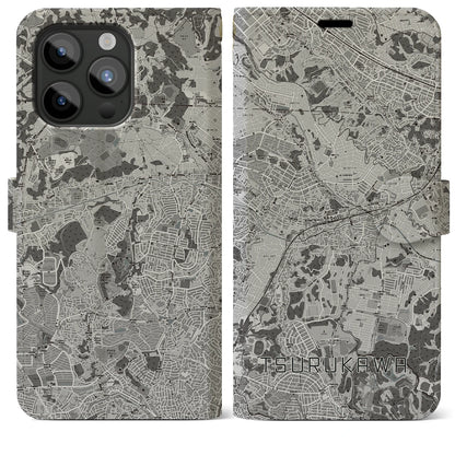 【鶴川（東京都）】地図柄iPhoneケース（手帳タイプ）モノトーン・iPhone 15 Pro Max 用