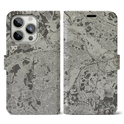 【鶴川（東京都）】地図柄iPhoneケース（手帳タイプ）モノトーン・iPhone 15 Pro 用