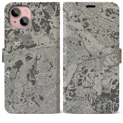 【鶴川（東京都）】地図柄iPhoneケース（手帳タイプ）モノトーン・iPhone 15 Plus 用