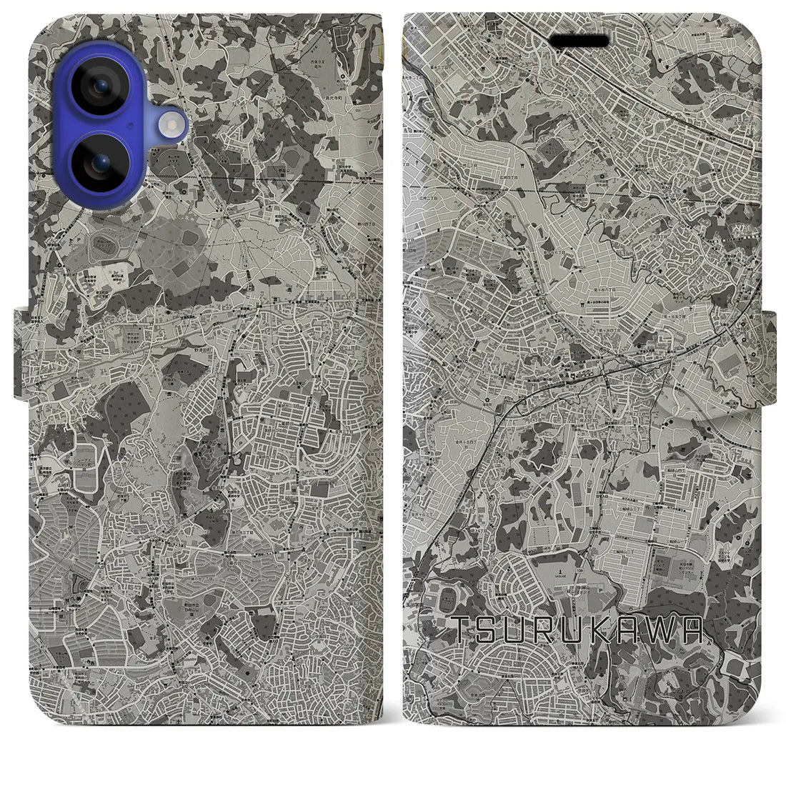 【鶴川(東京都)】地図柄iPhoneケース(手帳タイプ)モノトーン・iPhone 16 Pro Max 用