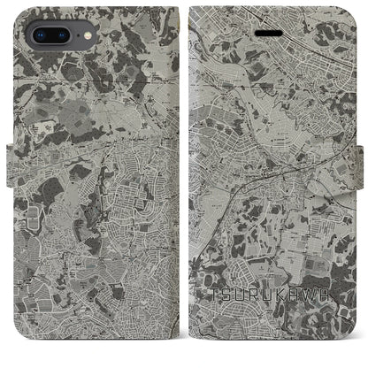 【鶴川（東京都）】地図柄iPhoneケース（手帳タイプ）モノトーン・iPhone 8Plus /7Plus / 6sPlus / 6Plus 用