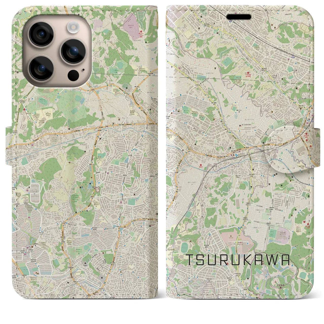 【鶴川（東京都）】地図柄iPhoneケース（手帳タイプ）ナチュラル・iPhone 16 Plus 用