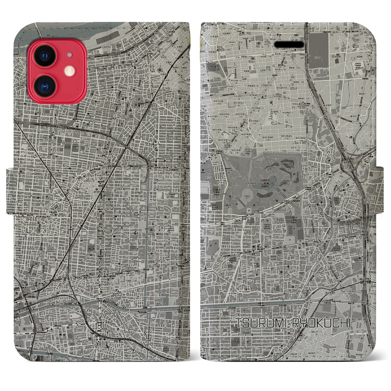 【鶴見緑地】地図柄iPhoneケース（手帳両面タイプ・モノトーン）iPhone 11 用