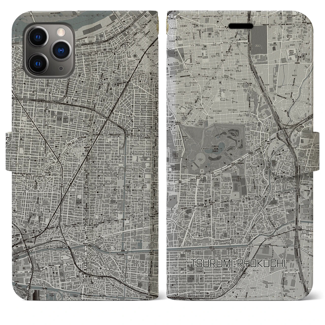 【鶴見緑地】地図柄iPhoneケース（手帳両面タイプ・モノトーン）iPhone 11 Pro Max 用