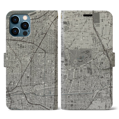 【鶴見緑地（大阪府）】地図柄iPhoneケース（手帳タイプ）モノトーン・iPhone 12 / 12 Pro 用