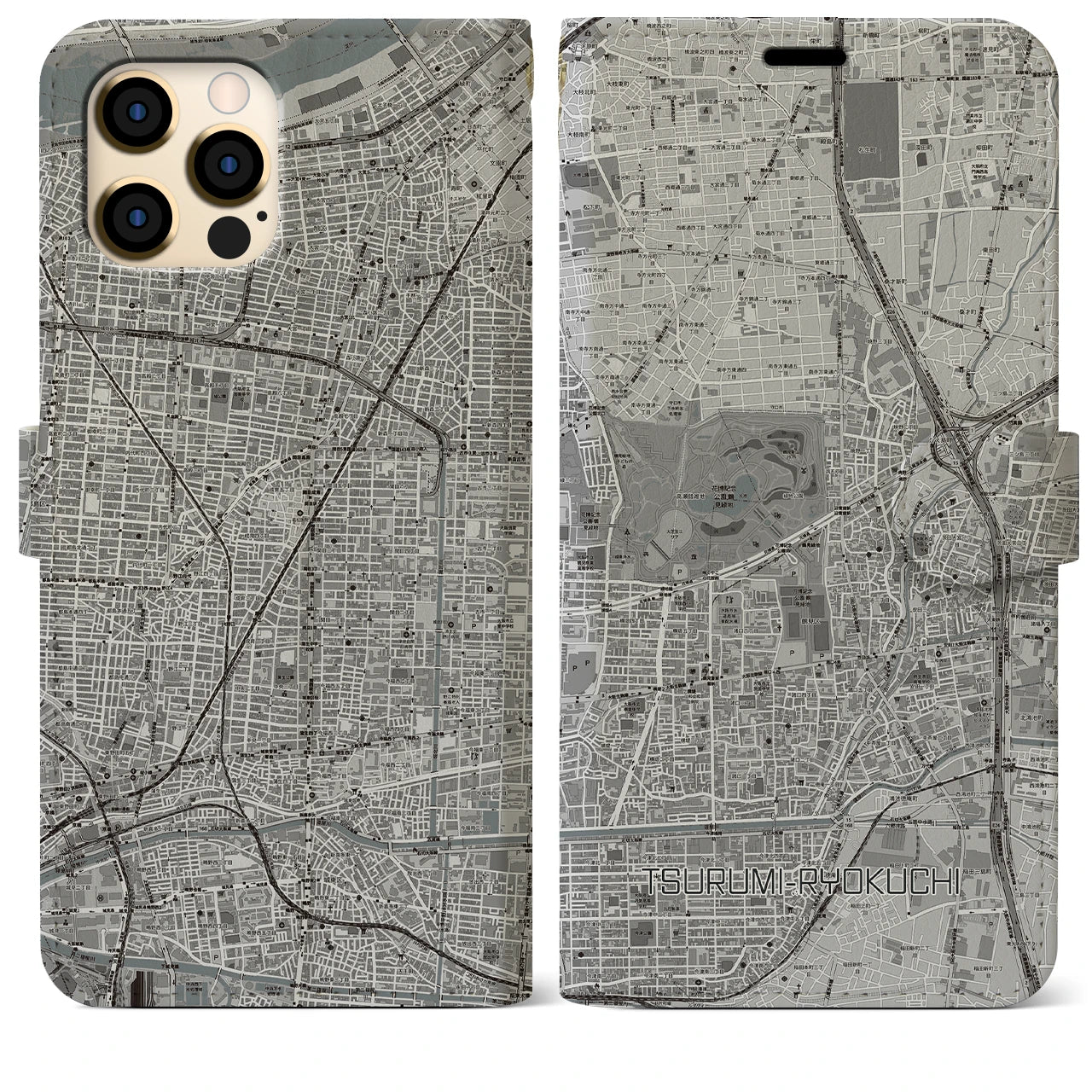 【鶴見緑地】地図柄iPhoneケース（手帳両面タイプ・モノトーン）iPhone 12 Pro Max 用