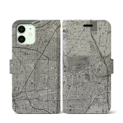 【鶴見緑地（大阪府）】地図柄iPhoneケース（手帳タイプ）モノトーン・iPhone 12 mini 用