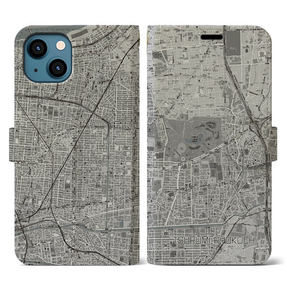 【鶴見緑地（大阪府）】地図柄iPhoneケース（手帳タイプ）モノトーン・iPhone 13 用