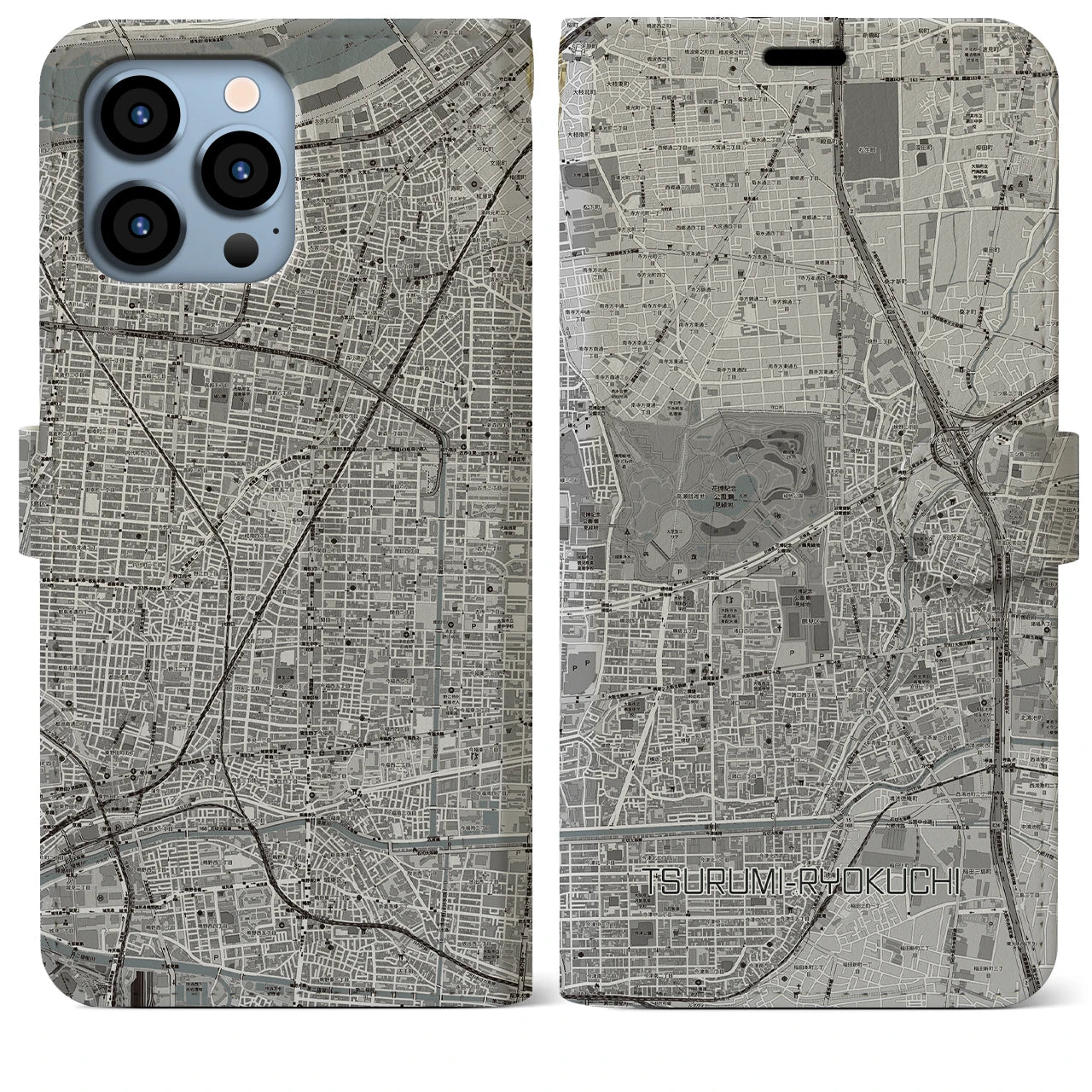 【鶴見緑地】地図柄iPhoneケース（手帳両面タイプ・モノトーン）iPhone 13 Pro Max 用