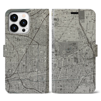 【鶴見緑地（大阪府）】地図柄iPhoneケース（手帳タイプ）モノトーン・iPhone 13 Pro 用