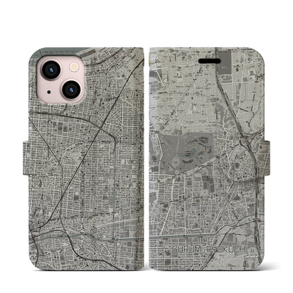 【鶴見緑地（大阪府）】地図柄iPhoneケース（手帳タイプ）モノトーン・iPhone 13 mini 用