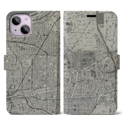 【鶴見緑地（大阪府）】地図柄iPhoneケース（手帳タイプ）モノトーン・iPhone 14 用
