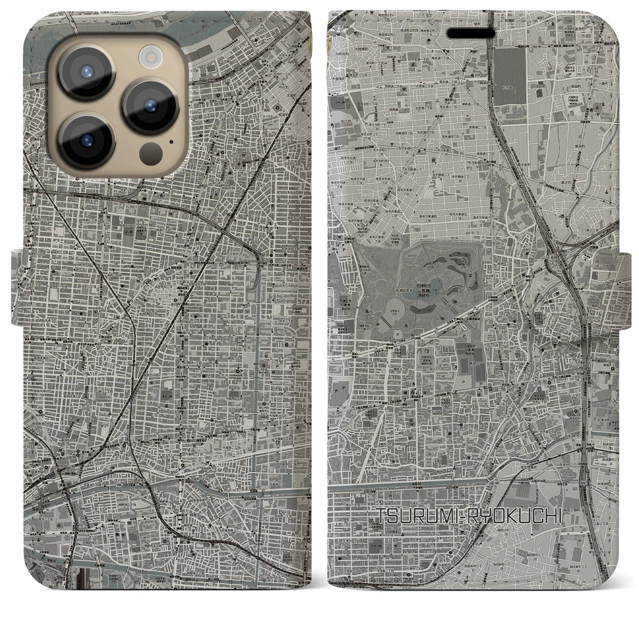 【鶴見緑地】地図柄iPhoneケース（手帳両面タイプ・モノトーン）iPhone 14 Pro Max 用