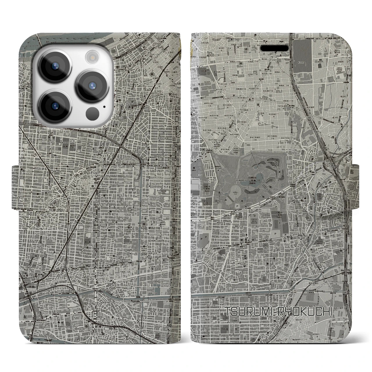 【鶴見緑地】地図柄iPhoneケース（手帳両面タイプ・モノトーン）iPhone 14 Pro 用