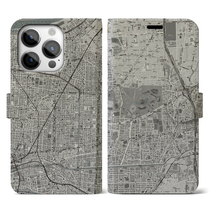 【鶴見緑地（大阪府）】地図柄iPhoneケース（手帳タイプ）モノトーン・iPhone 14 Pro 用