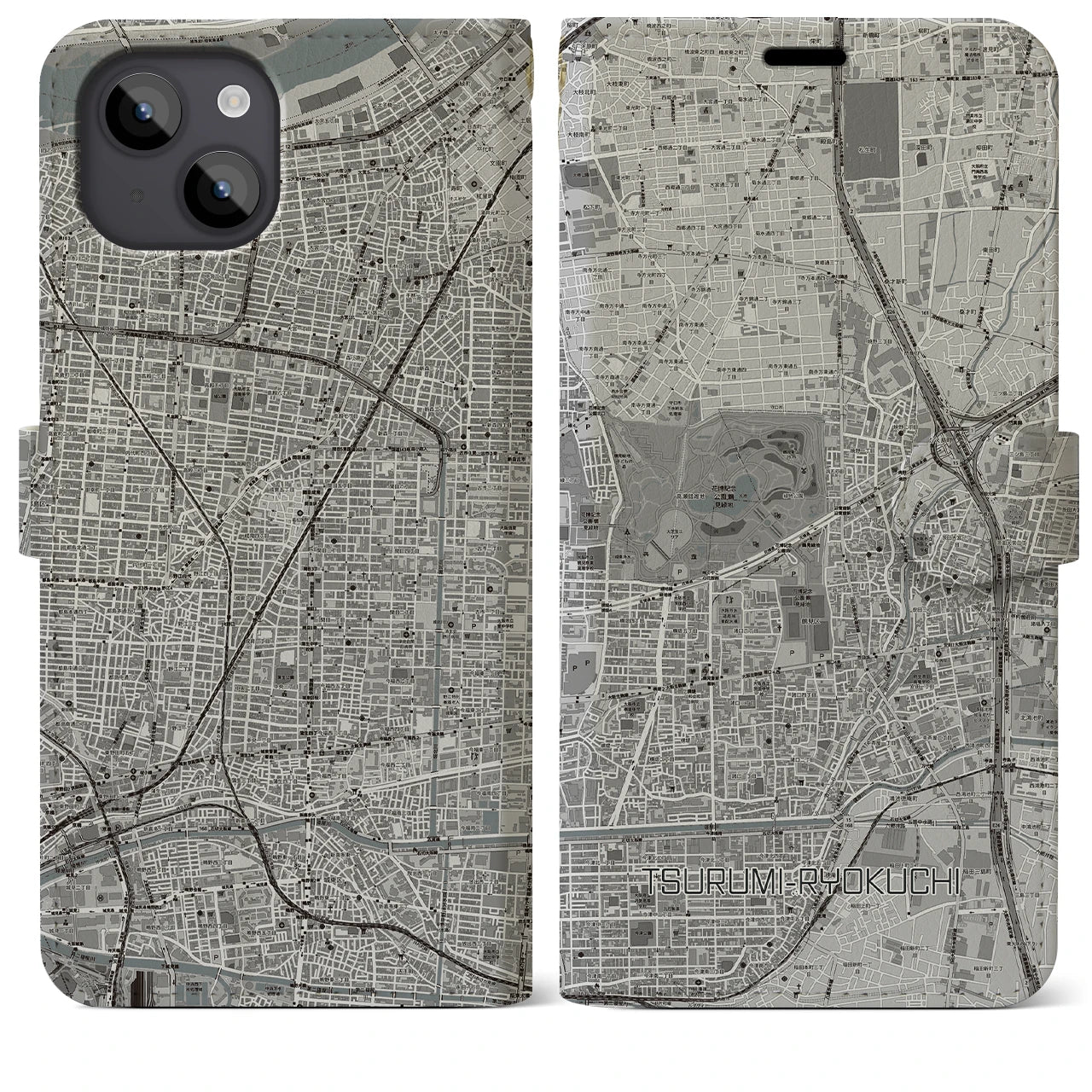 【鶴見緑地】地図柄iPhoneケース（手帳両面タイプ・モノトーン）iPhone 14 Plus 用