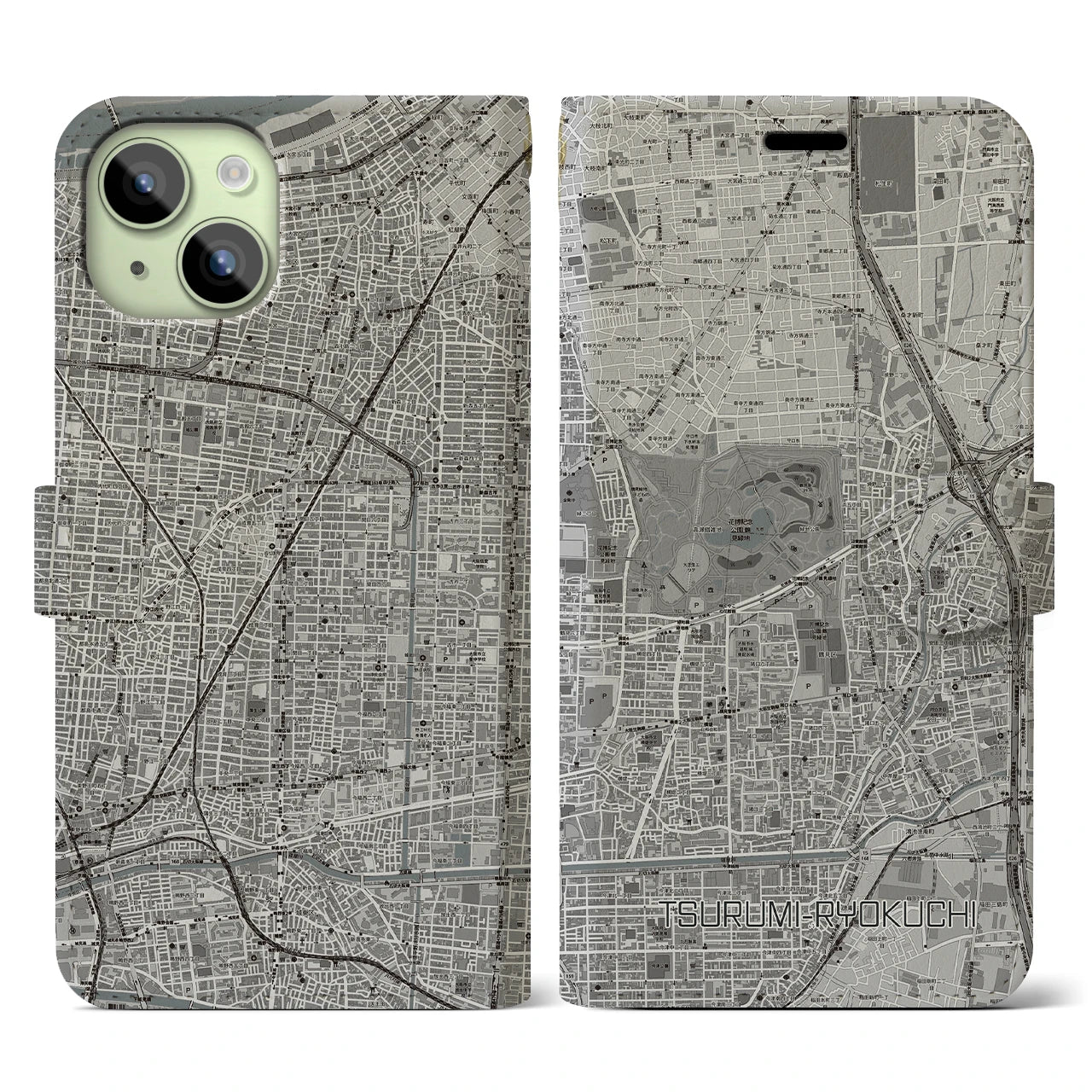 【鶴見緑地】地図柄iPhoneケース（手帳両面タイプ・モノトーン）iPhone 15 用