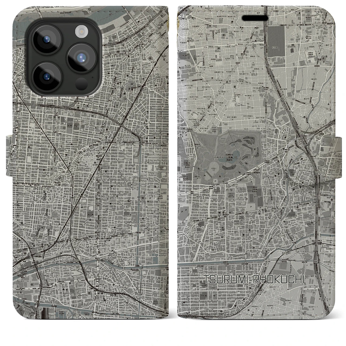 【鶴見緑地】地図柄iPhoneケース（手帳両面タイプ・モノトーン）iPhone 15 Pro Max 用