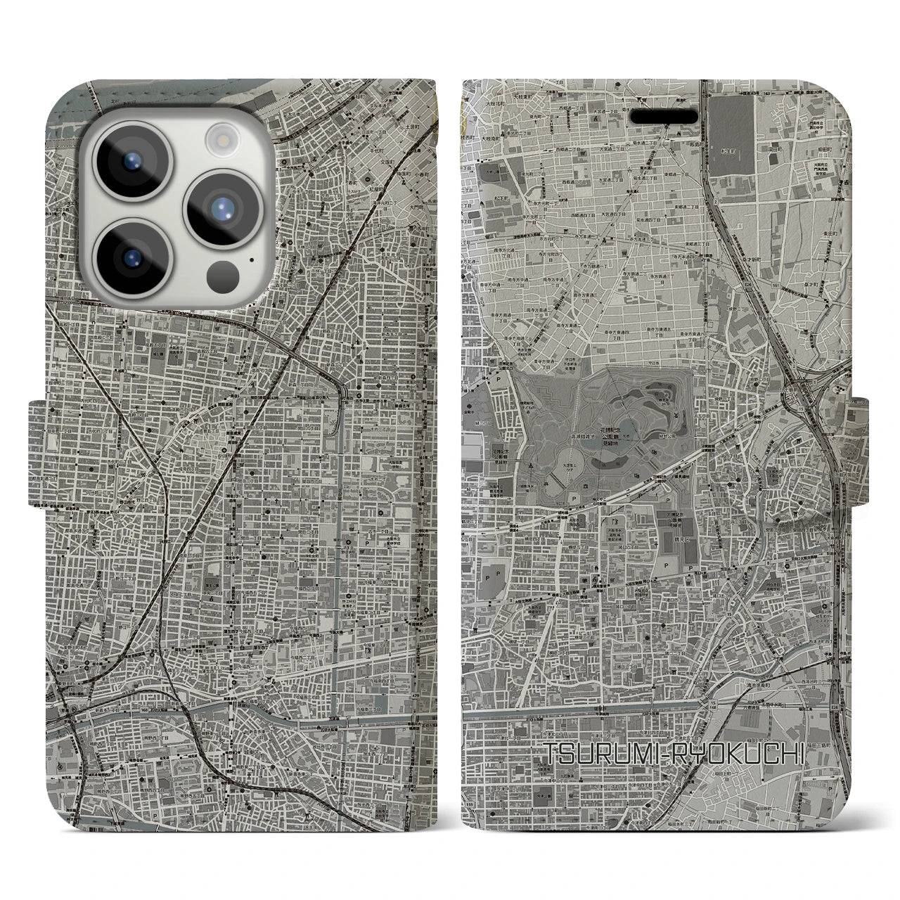 【鶴見緑地】地図柄iPhoneケース（手帳両面タイプ・モノトーン）iPhone 15 Pro 用