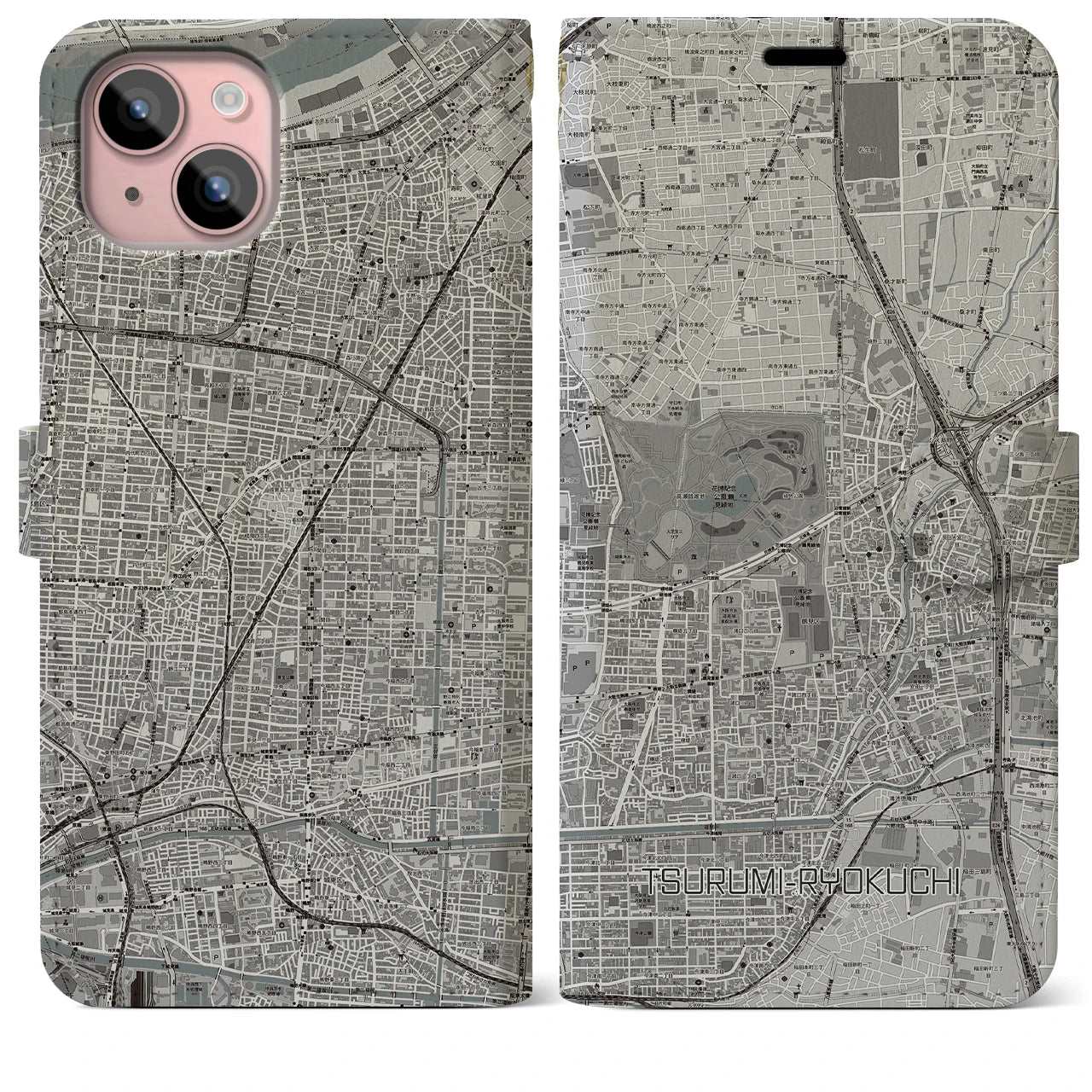 【鶴見緑地】地図柄iPhoneケース（手帳両面タイプ・モノトーン）iPhone 15 Plus 用