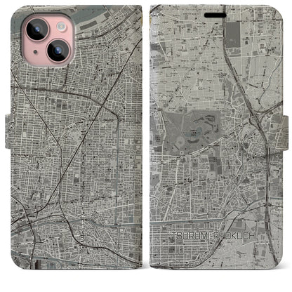 【鶴見緑地（大阪府）】地図柄iPhoneケース（手帳タイプ）モノトーン・iPhone 15 Plus 用