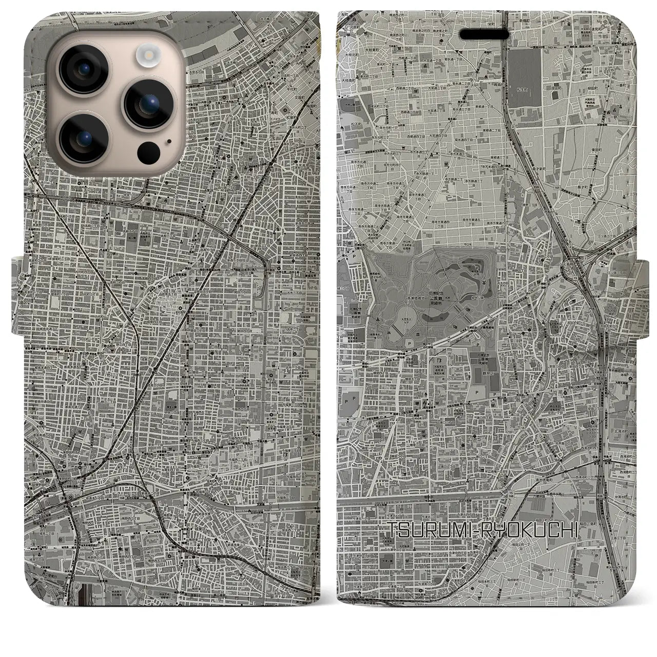 【鶴見緑地（大阪府）】地図柄iPhoneケース（手帳タイプ）モノトーン・iPhone 16 Plus 用