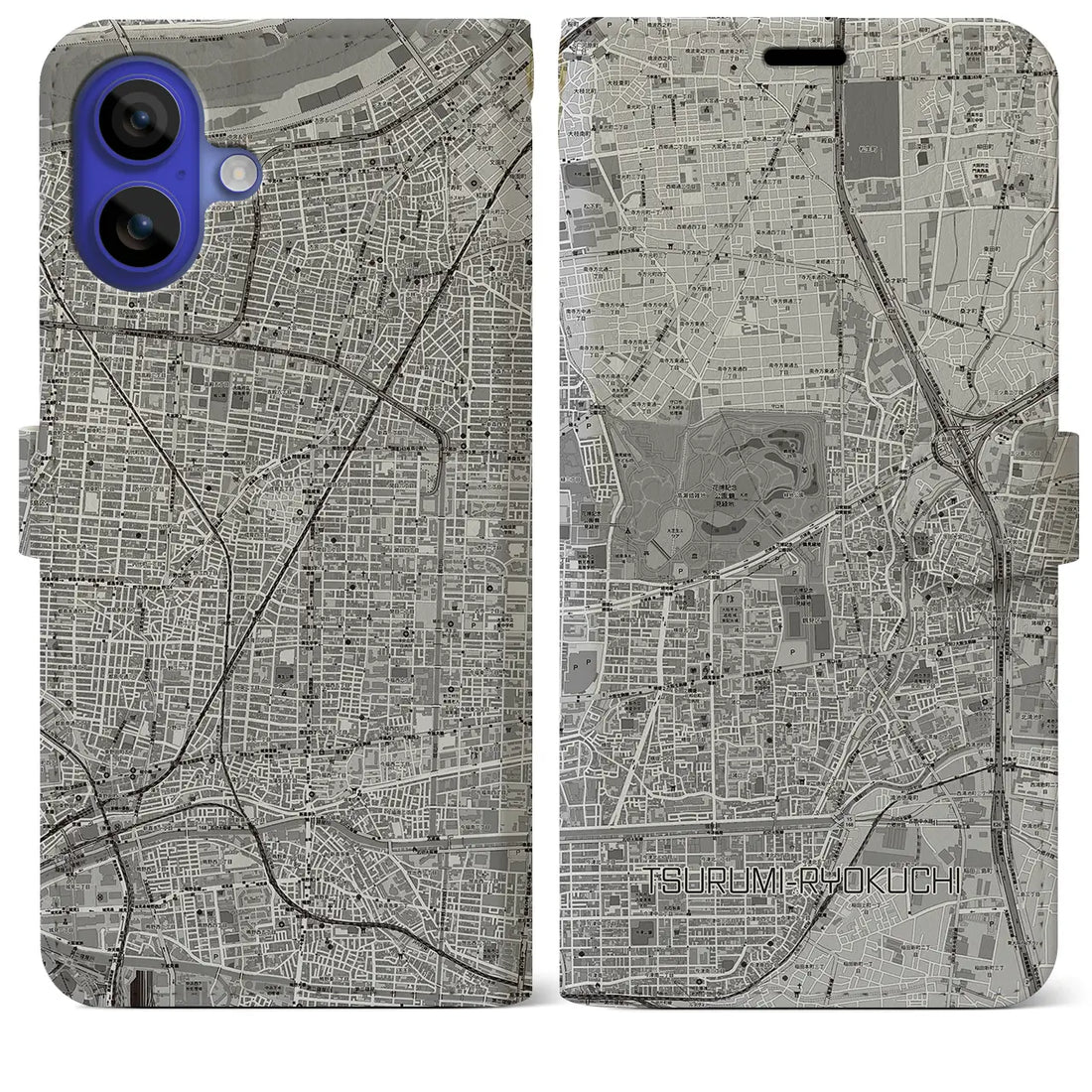 【鶴見緑地(大阪府)】地図柄iPhoneケース(手帳タイプ)モノトーン・iPhone 16 Pro Max 用