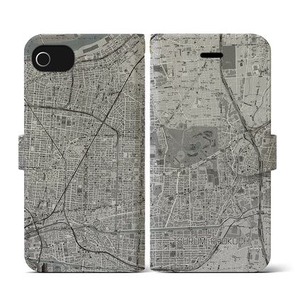 【鶴見緑地（大阪府）】地図柄iPhoneケース（手帳タイプ）モノトーン・iPhone SE（第3 / 第2世代） / 8 / 7 / 6s / 6 用