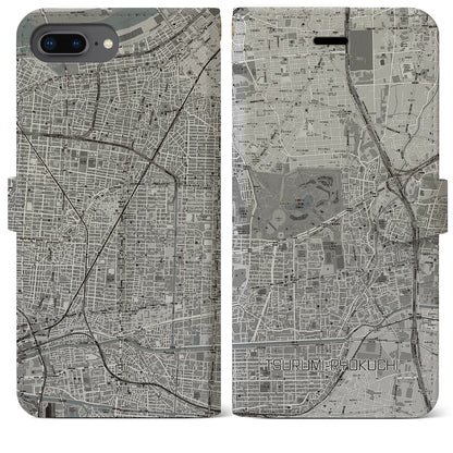 【鶴見緑地（大阪府）】地図柄iPhoneケース（手帳タイプ）モノトーン・iPhone 8Plus /7Plus / 6sPlus / 6Plus 用