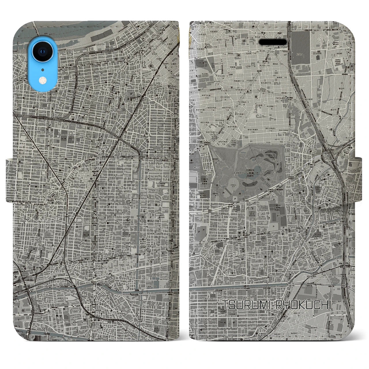 【鶴見緑地】地図柄iPhoneケース（手帳両面タイプ・モノトーン）iPhone XR 用