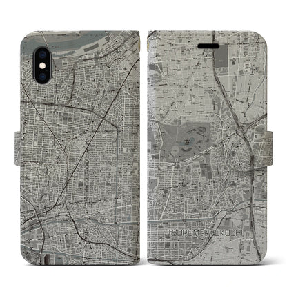 【鶴見緑地（大阪府）】地図柄iPhoneケース（手帳タイプ）モノトーン・iPhone XS / X 用