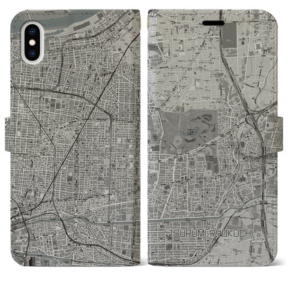 【鶴見緑地（大阪府）】地図柄iPhoneケース（手帳タイプ）モノトーン・iPhone XS Max 用
