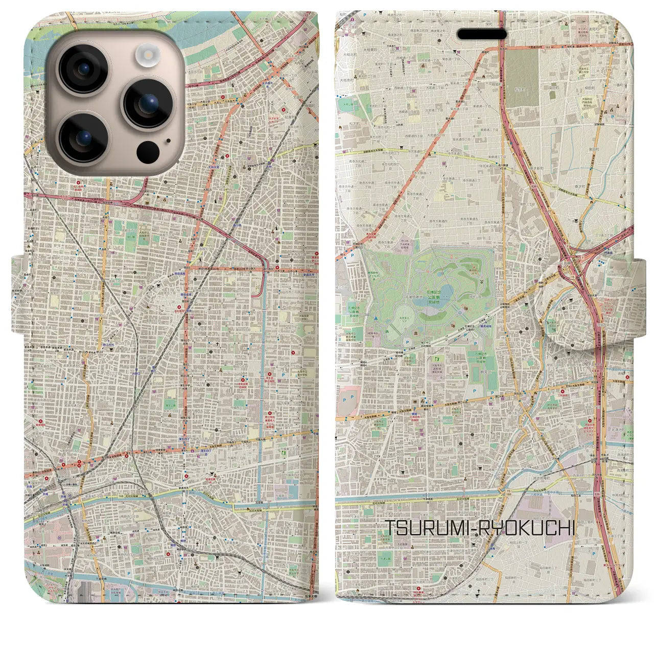 【鶴見緑地（大阪府）】地図柄iPhoneケース（手帳タイプ）ナチュラル・iPhone 16 Plus 用