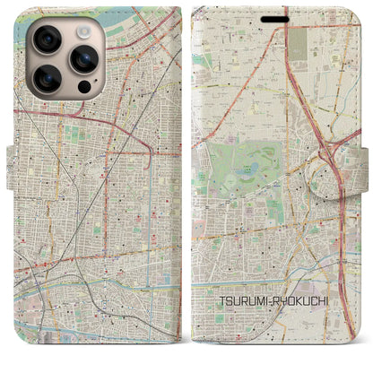 【鶴見緑地（大阪府）】地図柄iPhoneケース（手帳タイプ）ナチュラル・iPhone 16 Plus 用