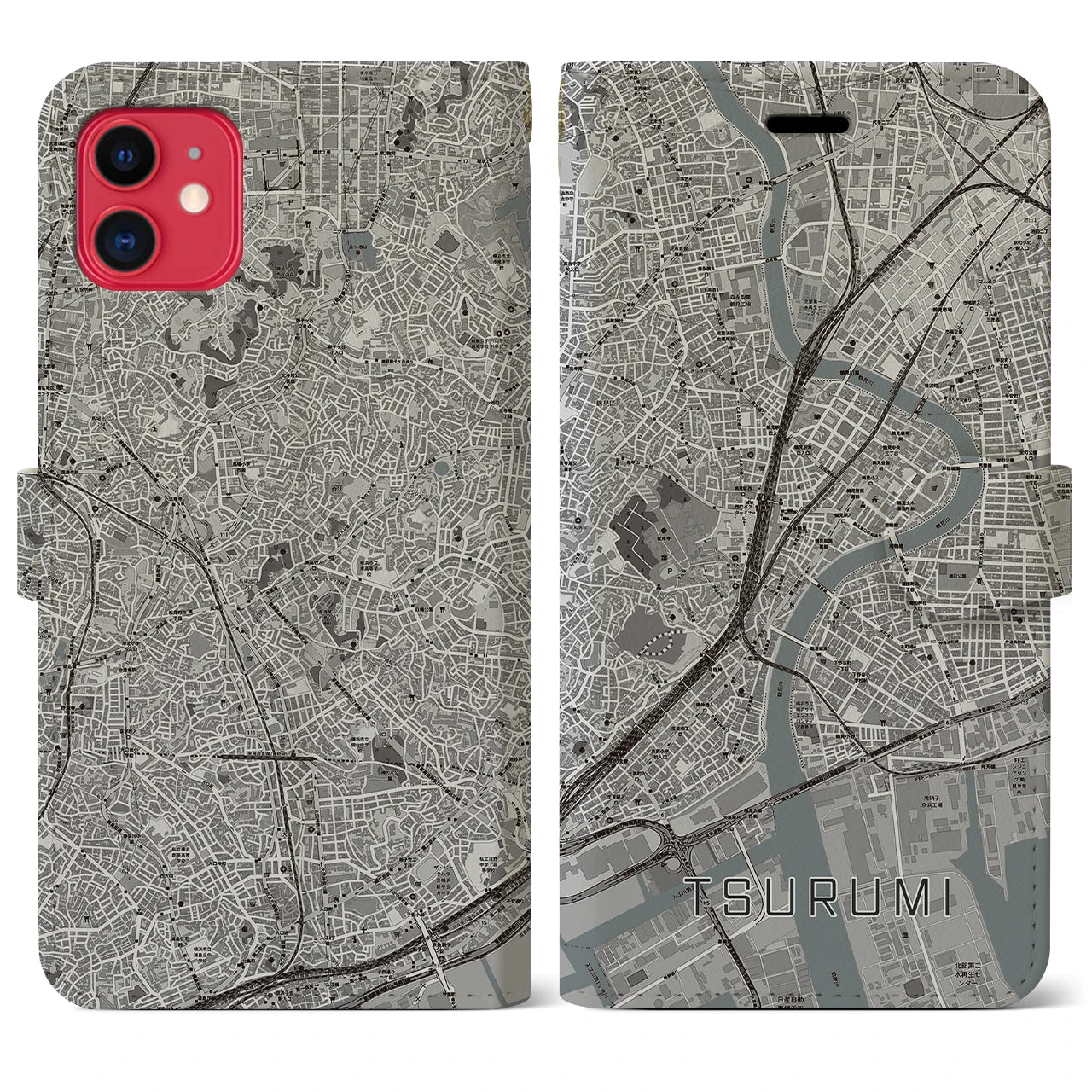 【鶴見】地図柄iPhoneケース（手帳両面タイプ・モノトーン）iPhone 11 用