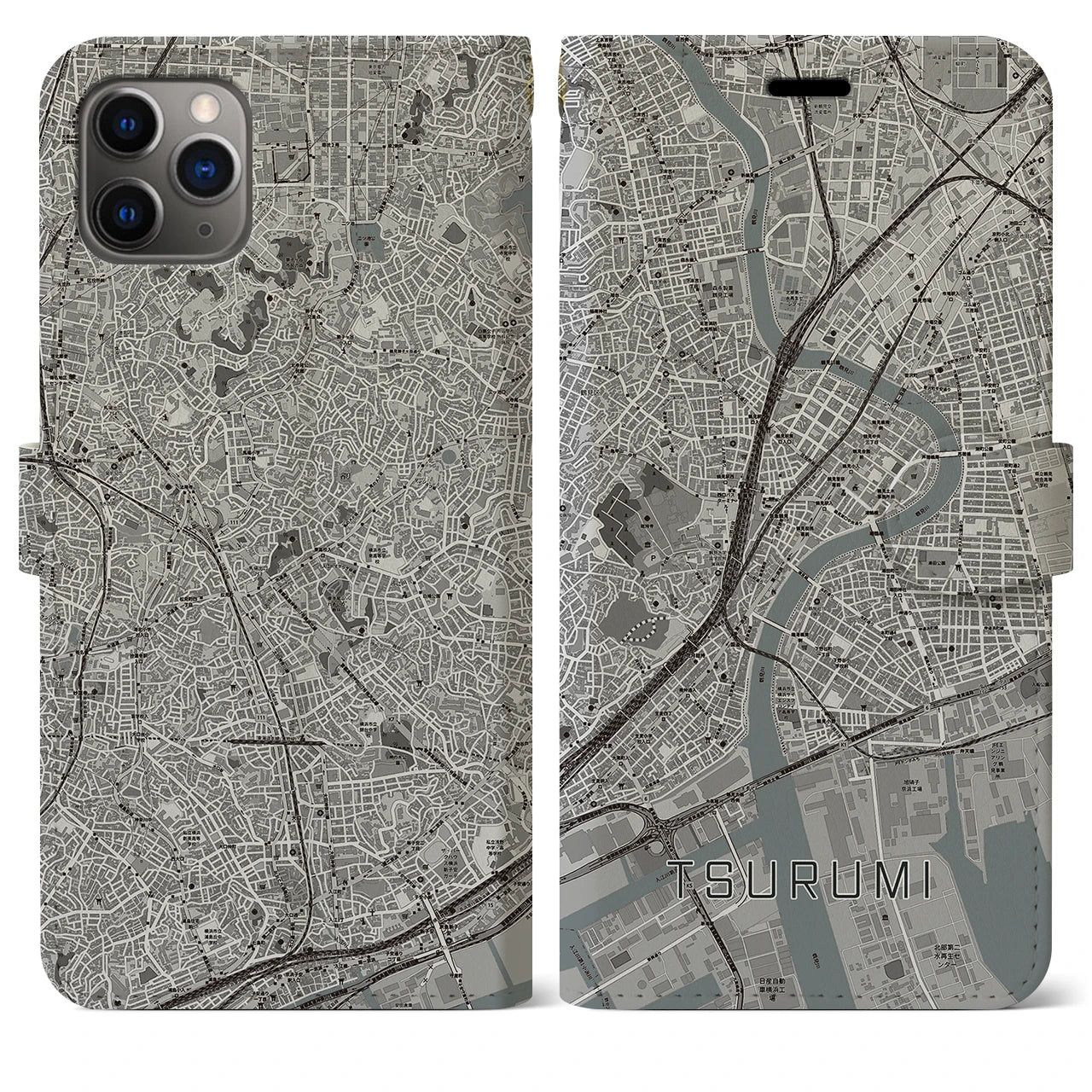 【鶴見】地図柄iPhoneケース（手帳両面タイプ・モノトーン）iPhone 11 Pro Max 用