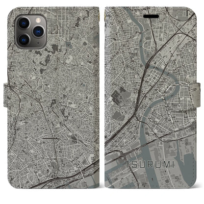 【鶴見（神奈川県）】地図柄iPhoneケース（手帳タイプ）モノトーン・iPhone 11 Pro Max 用