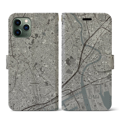 【鶴見（神奈川県）】地図柄iPhoneケース（手帳タイプ）モノトーン・iPhone 11 Pro 用