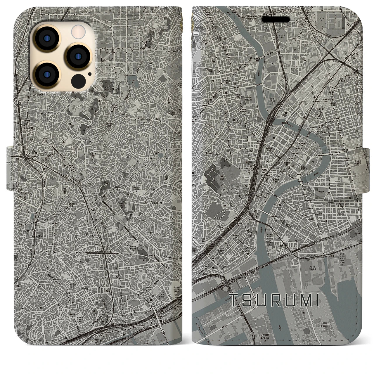 【鶴見】地図柄iPhoneケース（手帳両面タイプ・モノトーン）iPhone 12 Pro Max 用