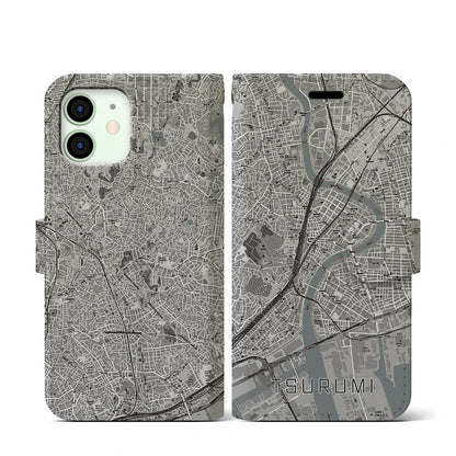 【鶴見（神奈川県）】地図柄iPhoneケース（手帳タイプ）モノトーン・iPhone 12 mini 用