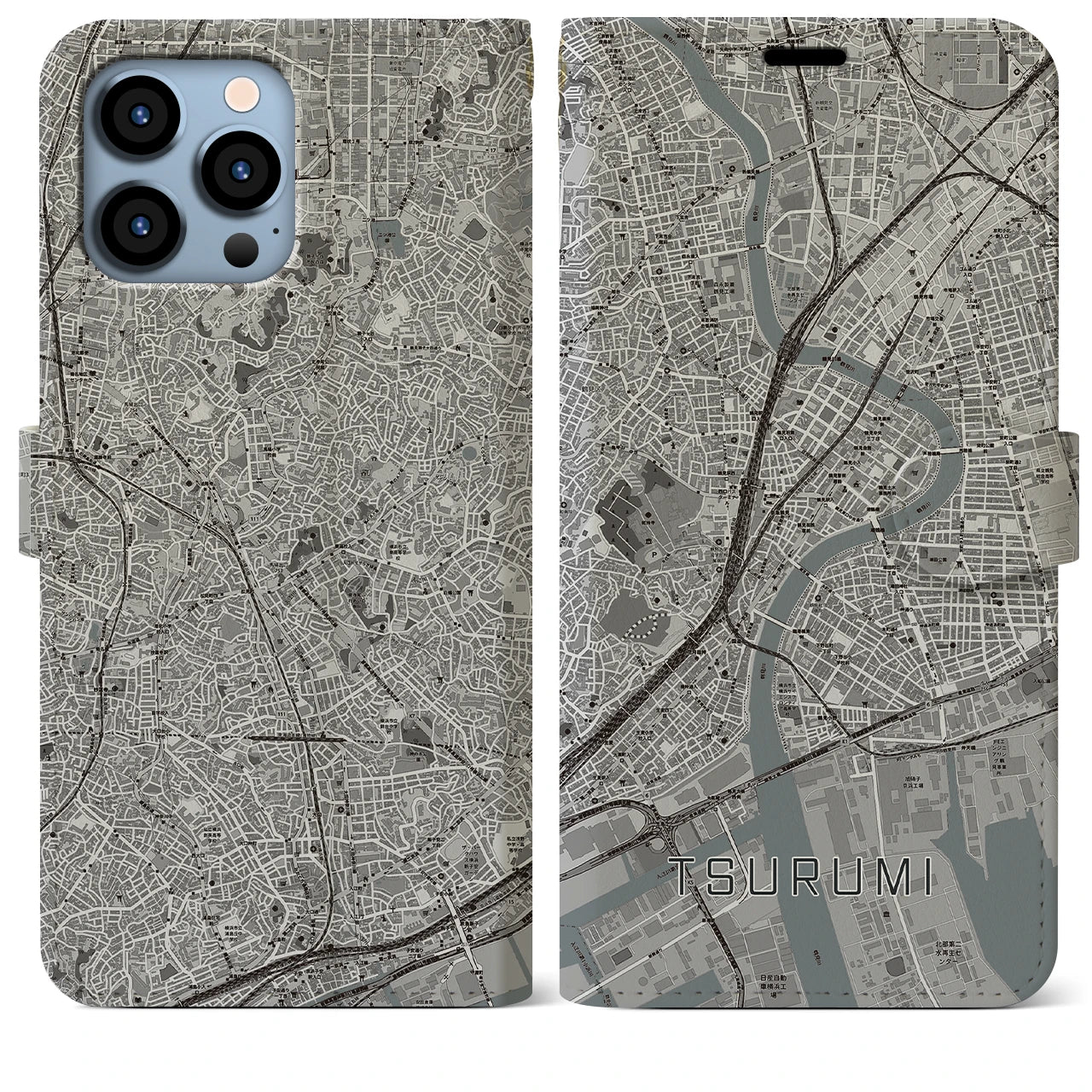 【鶴見】地図柄iPhoneケース（手帳両面タイプ・モノトーン）iPhone 13 Pro Max 用
