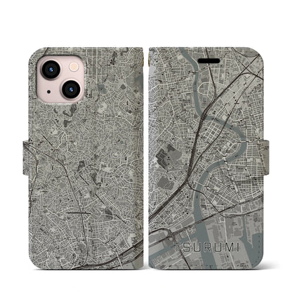 【鶴見（神奈川県）】地図柄iPhoneケース（手帳タイプ）モノトーン・iPhone 13 mini 用