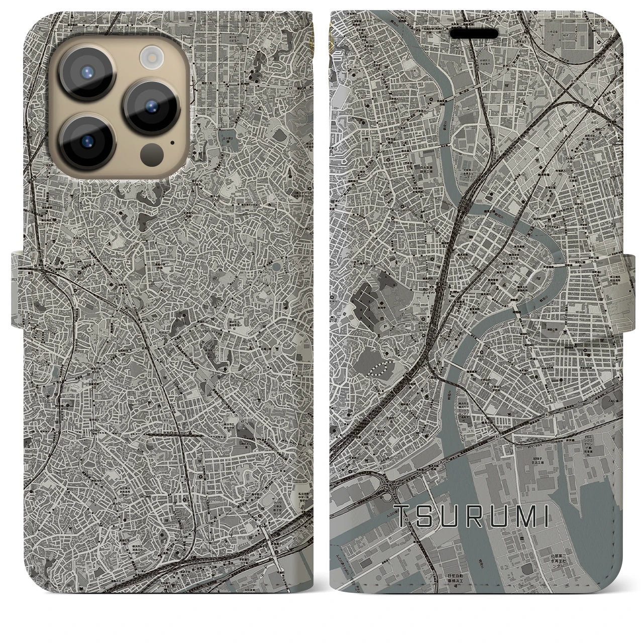 【鶴見】地図柄iPhoneケース（手帳両面タイプ・モノトーン）iPhone 14 Pro Max 用