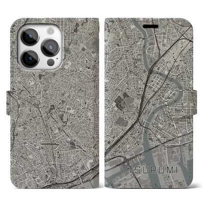 【鶴見（神奈川県）】地図柄iPhoneケース（手帳タイプ）モノトーン・iPhone 14 Pro 用